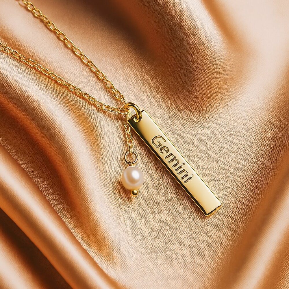 Womens Gold Gemini Zodiac Pendant Necklace – Faux Pearl Accent Astrology Jewelry